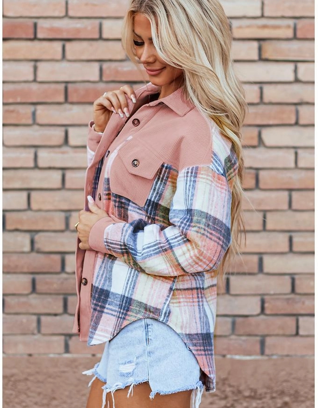 Light Pink Plaid Corduroy Patchwork Chest Pocket Shacket