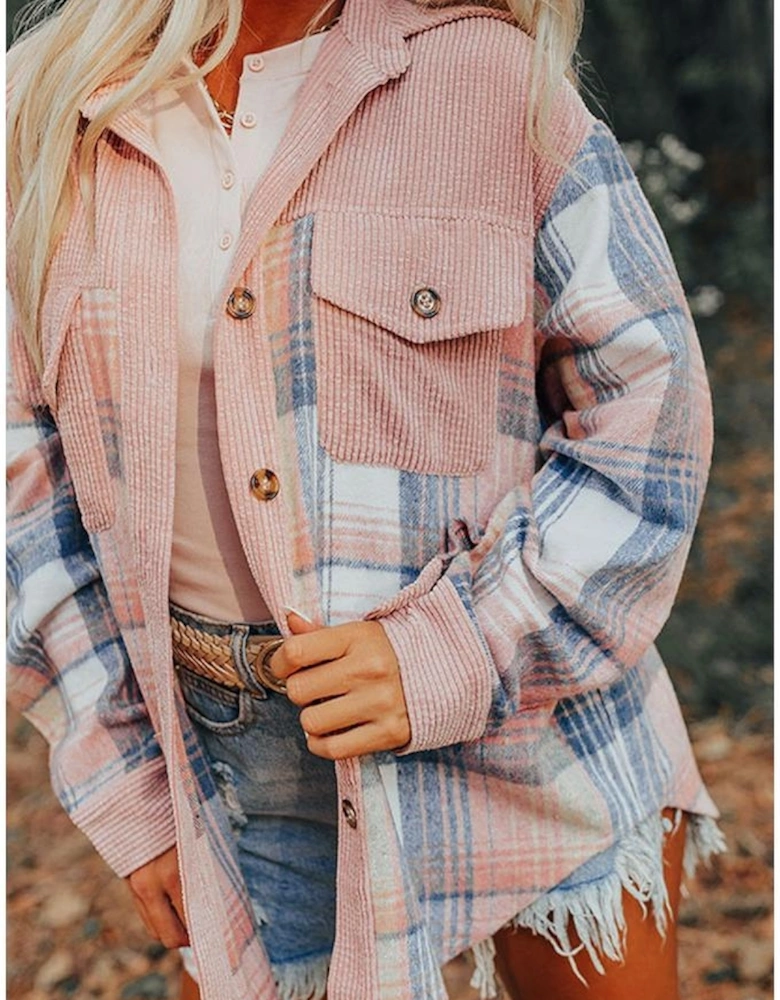 Light Pink Plaid Corduroy Patchwork Chest Pocket Shacket