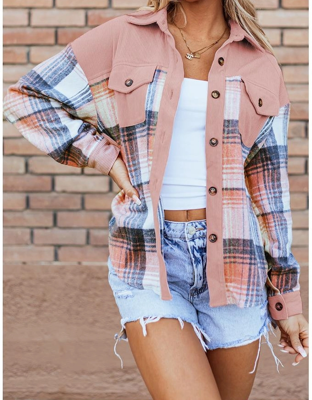 Light Pink Plaid Corduroy Patchwork Chest Pocket Shacket