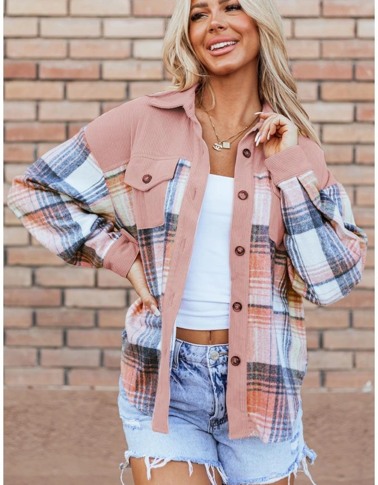 Light Pink Plaid Corduroy Patchwork Chest Pocket Shacket