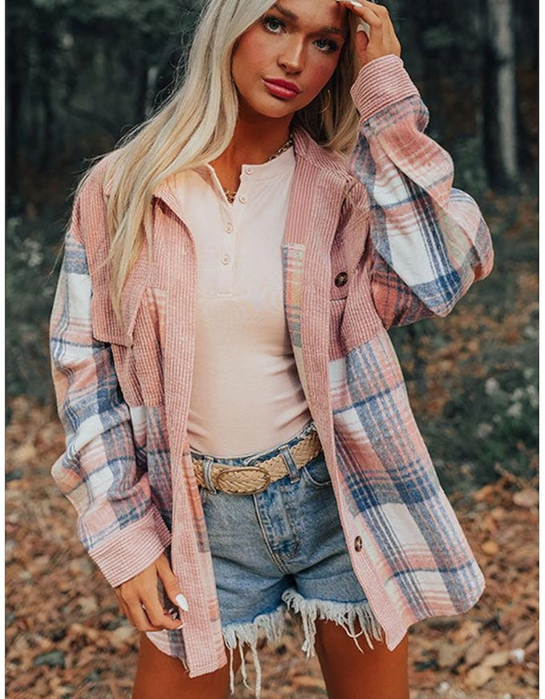 Light Pink Plaid Corduroy Patchwork Chest Pocket Shacket
