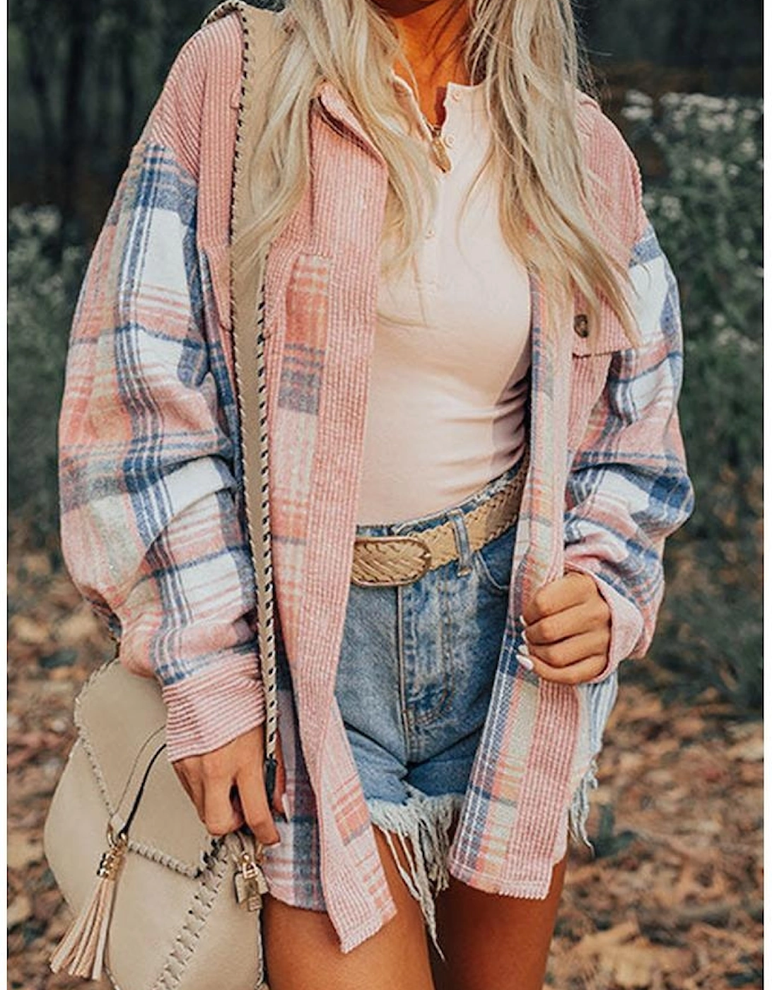 Light Pink Plaid Corduroy Patchwork Chest Pocket Shacket