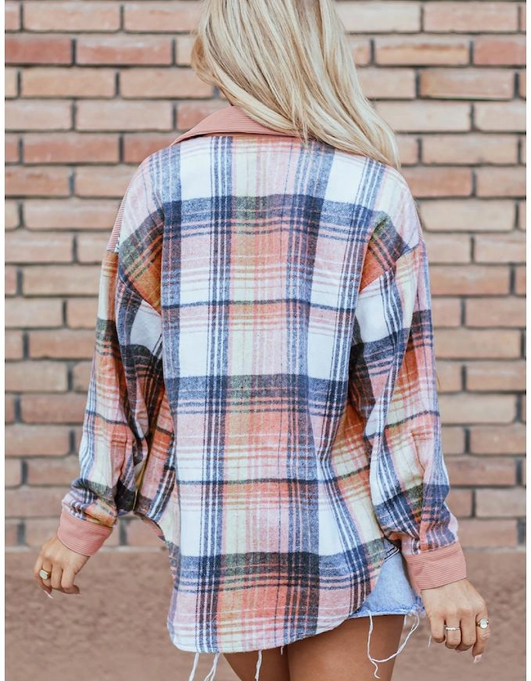 Light Pink Plaid Corduroy Patchwork Chest Pocket Shacket