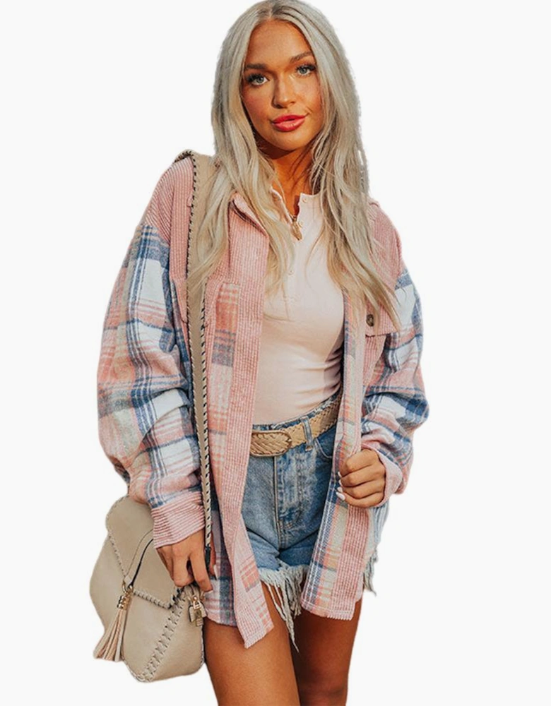 Light Pink Plaid Corduroy Patchwork Chest Pocket Shacket