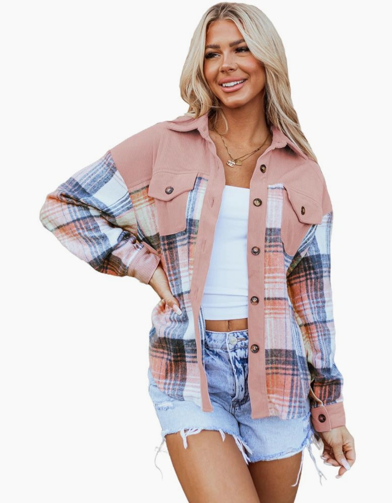 Light Pink Plaid Corduroy Patchwork Chest Pocket Shacket