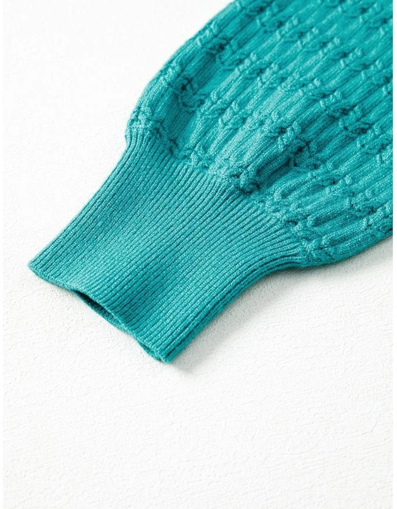 Sea Green Trendy Pattern Knit Ribbed Cuffs Crew Neck Sweater
