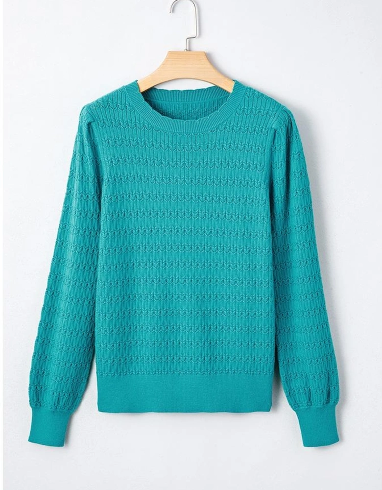 Sea Green Trendy Pattern Knit Ribbed Cuffs Crew Neck Sweater