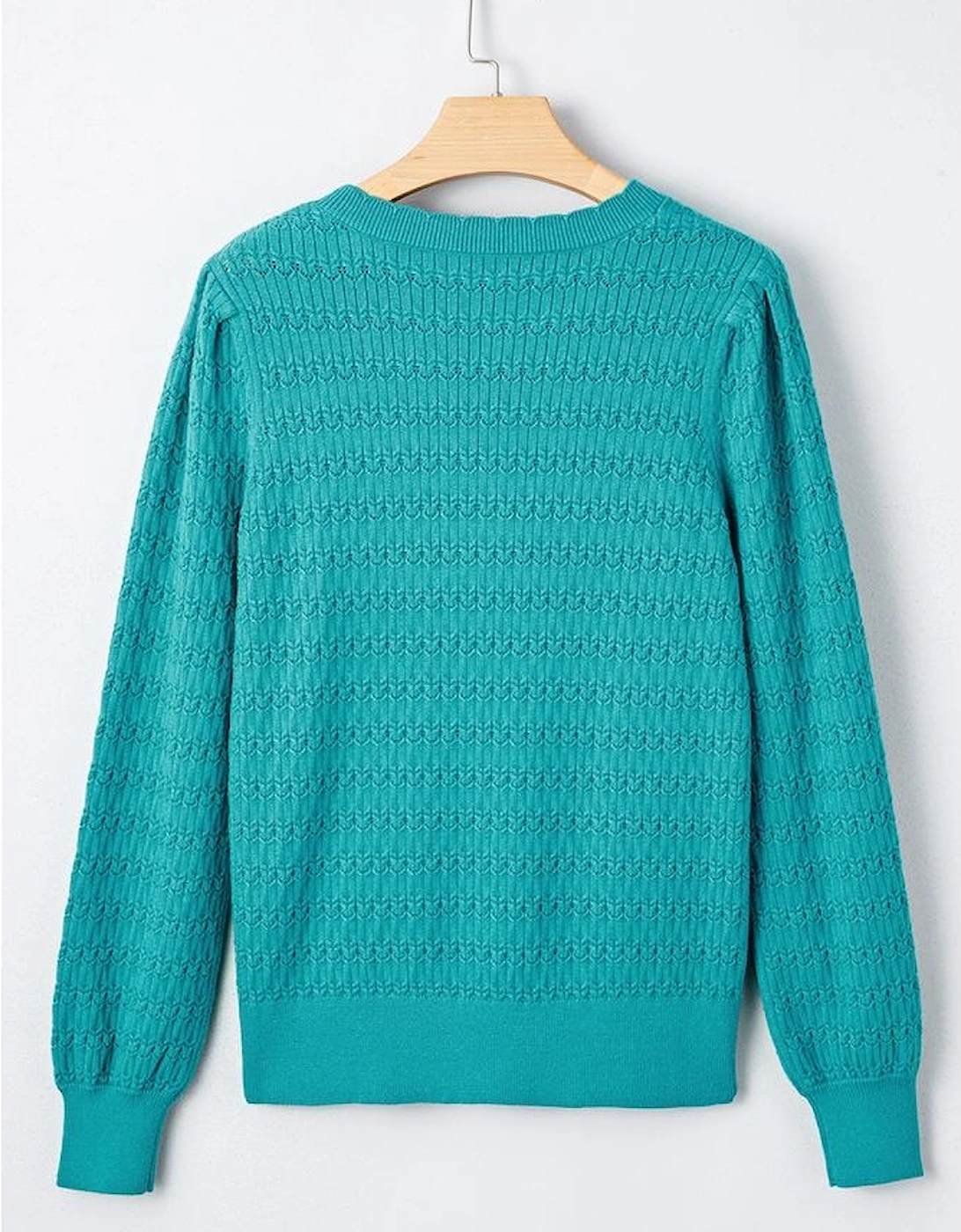 Sea Green Trendy Pattern Knit Ribbed Cuffs Crew Neck Sweater