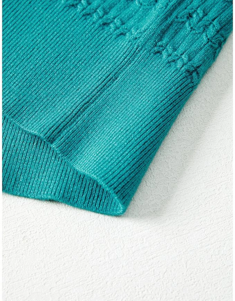 Sea Green Trendy Pattern Knit Ribbed Cuffs Crew Neck Sweater