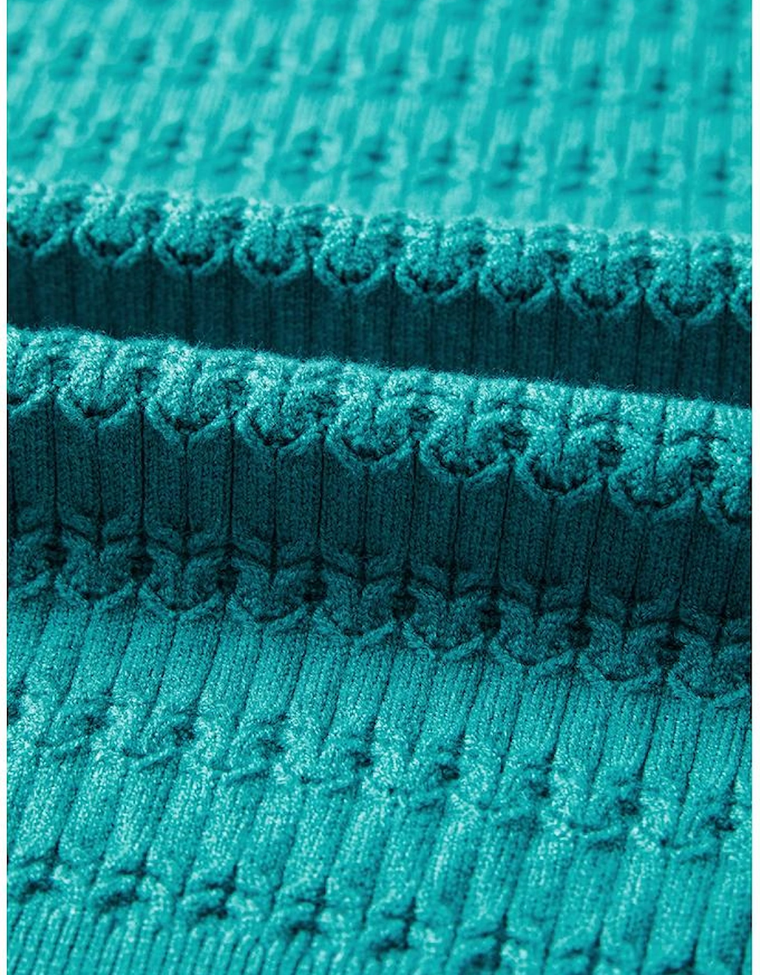 Sea Green Trendy Pattern Knit Ribbed Cuffs Crew Neck Sweater
