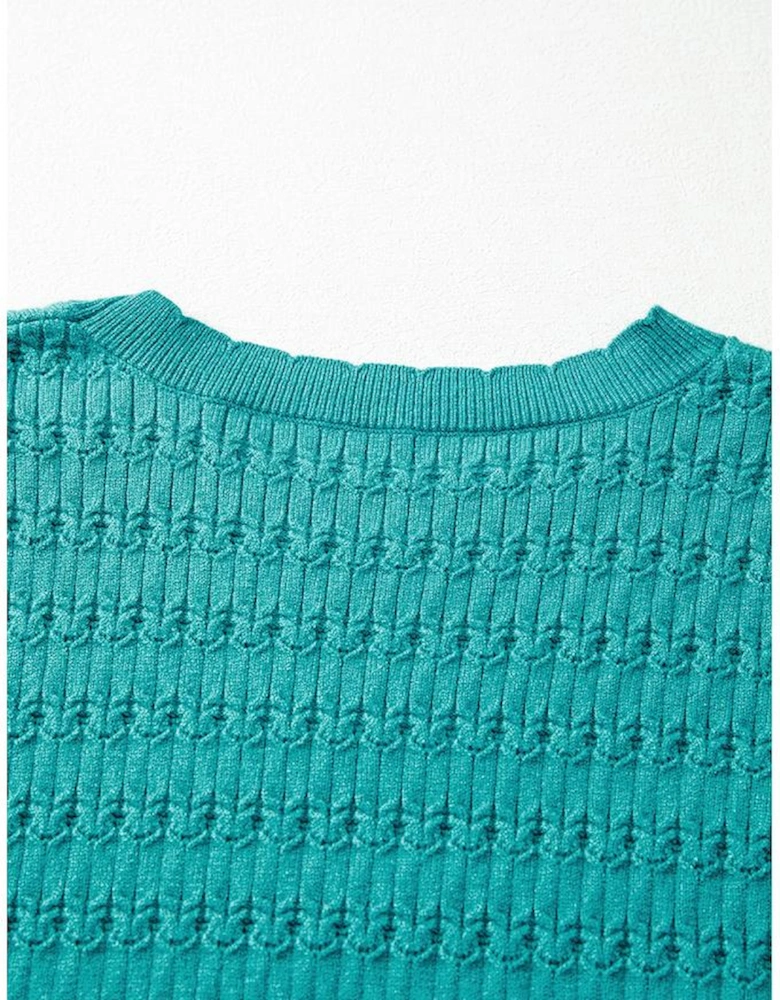 Sea Green Trendy Pattern Knit Ribbed Cuffs Crew Neck Sweater