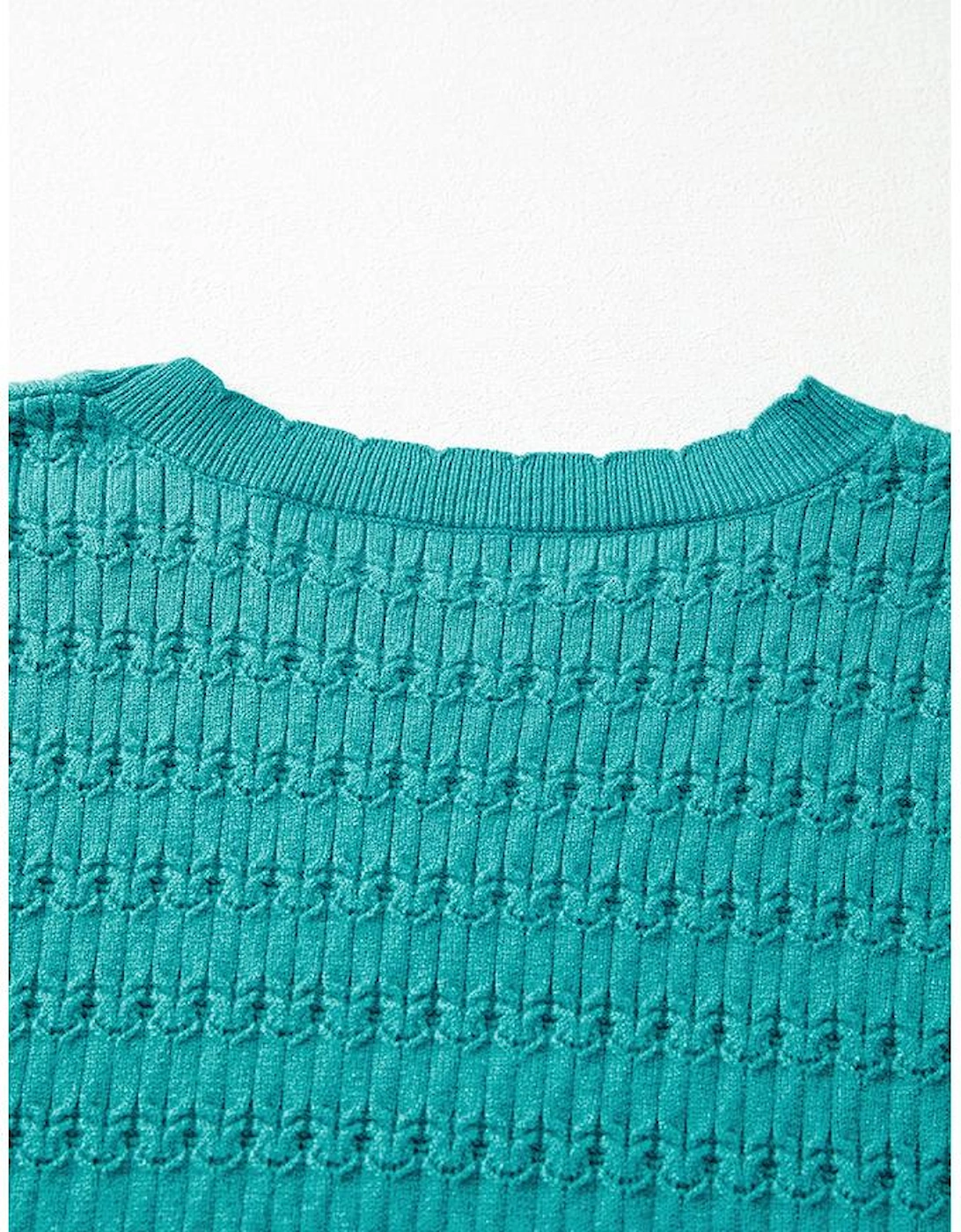 Sea Green Trendy Pattern Knit Ribbed Cuffs Crew Neck Sweater