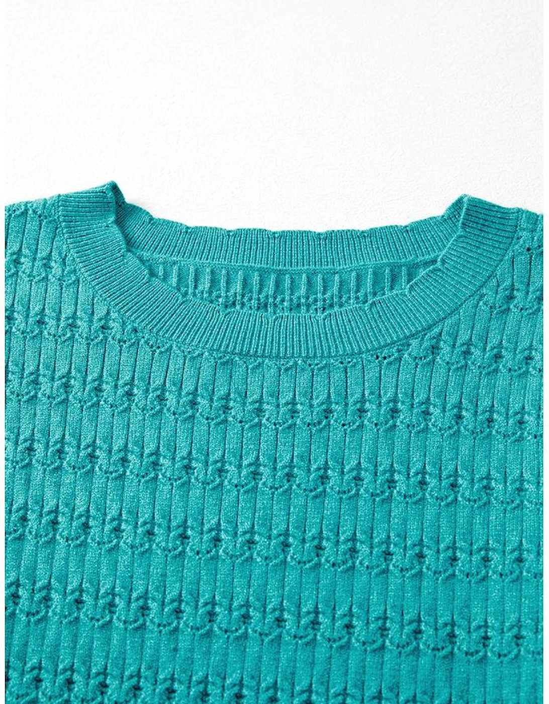 Sea Green Trendy Pattern Knit Ribbed Cuffs Crew Neck Sweater
