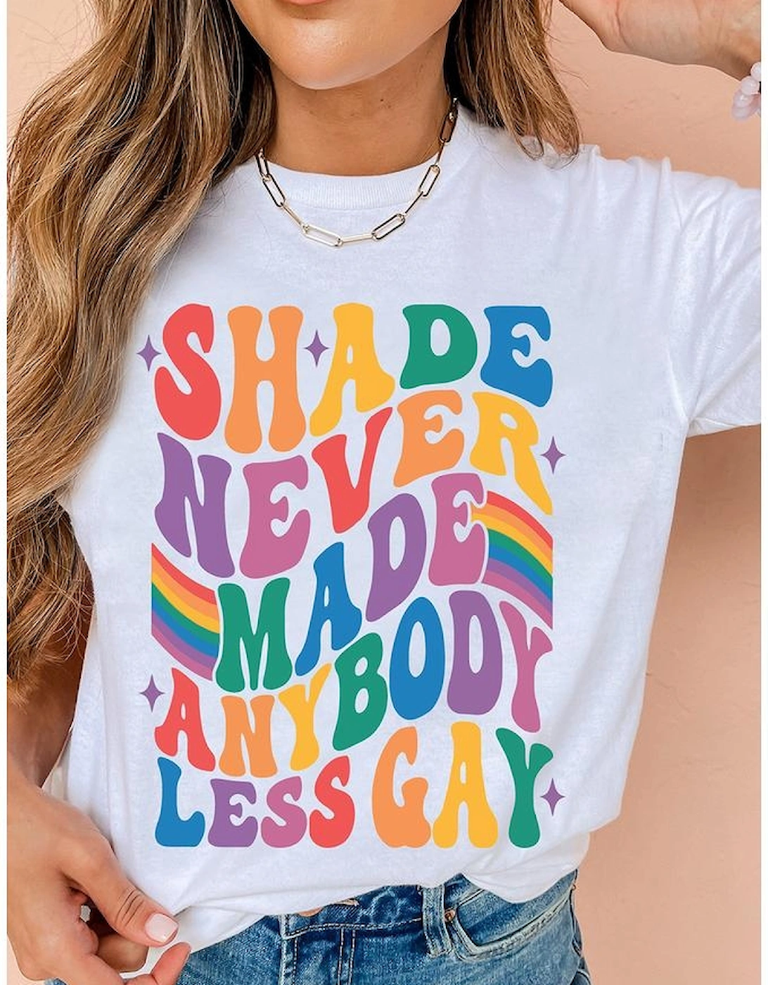 White SHADE NEVER MADE ANYBODY LESS GAY Pride Graphic Tee, 7 of 6