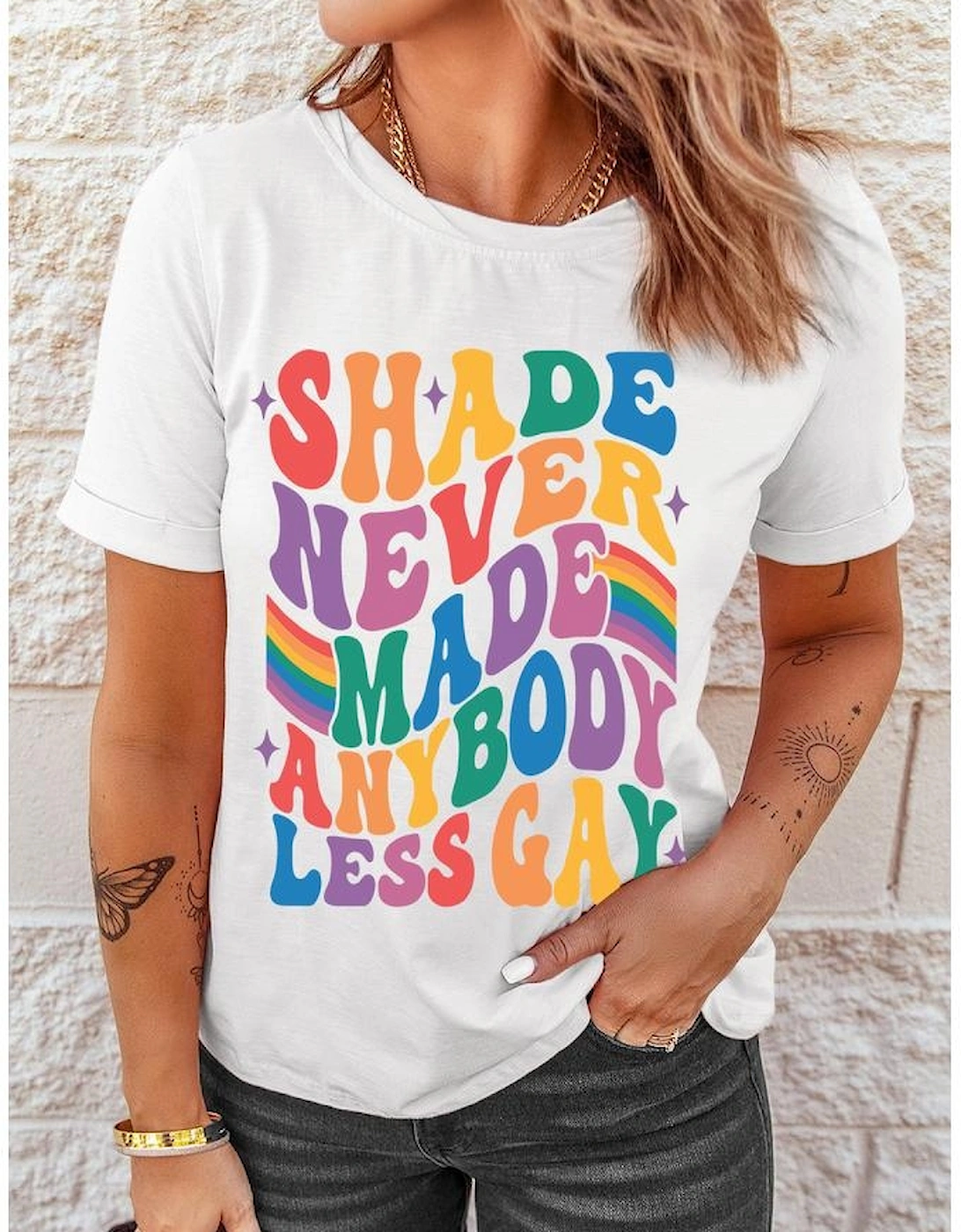 White SHADE NEVER MADE ANYBODY LESS GAY Pride Graphic Tee