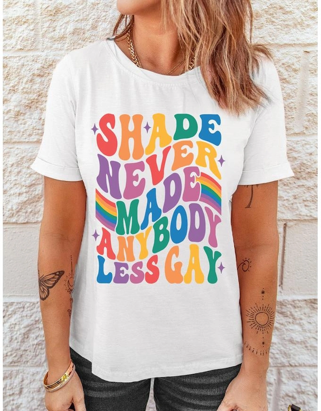 White SHADE NEVER MADE ANYBODY LESS GAY Pride Graphic Tee