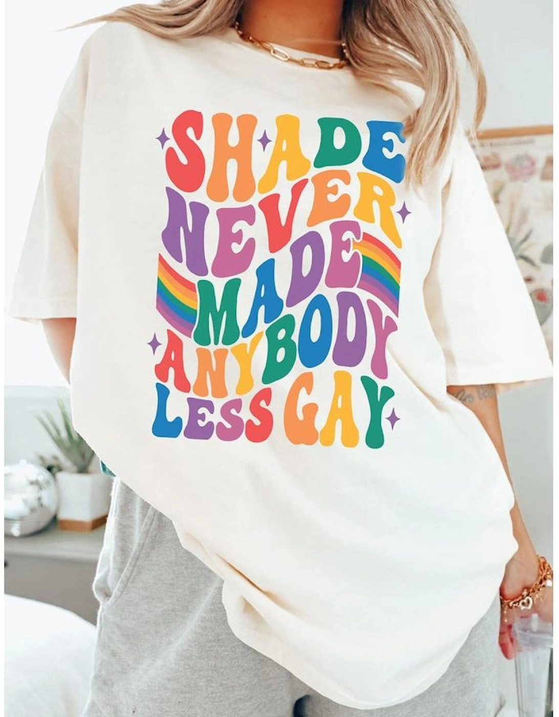 White SHADE NEVER MADE ANYBODY LESS GAY Pride Graphic Tee