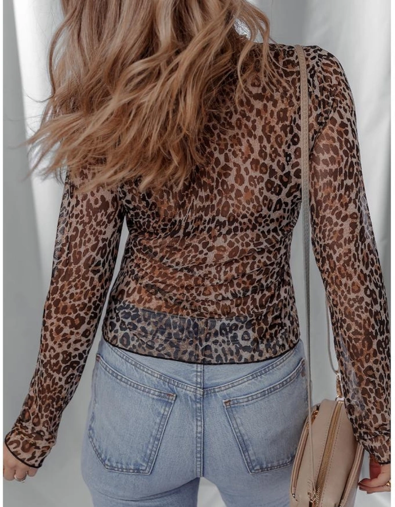 Multicolour Leopard Sheer Mesh Long Sleeve V Neck Lace-up Blouse