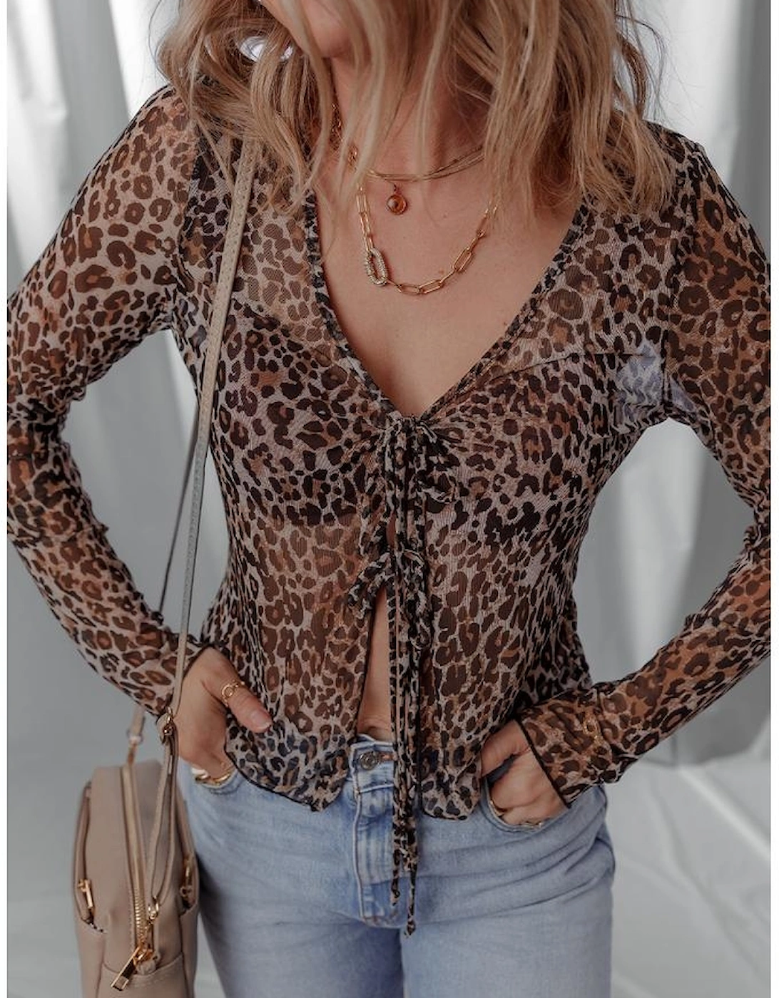 Multicolour Leopard Sheer Mesh Long Sleeve V Neck Lace-up Blouse