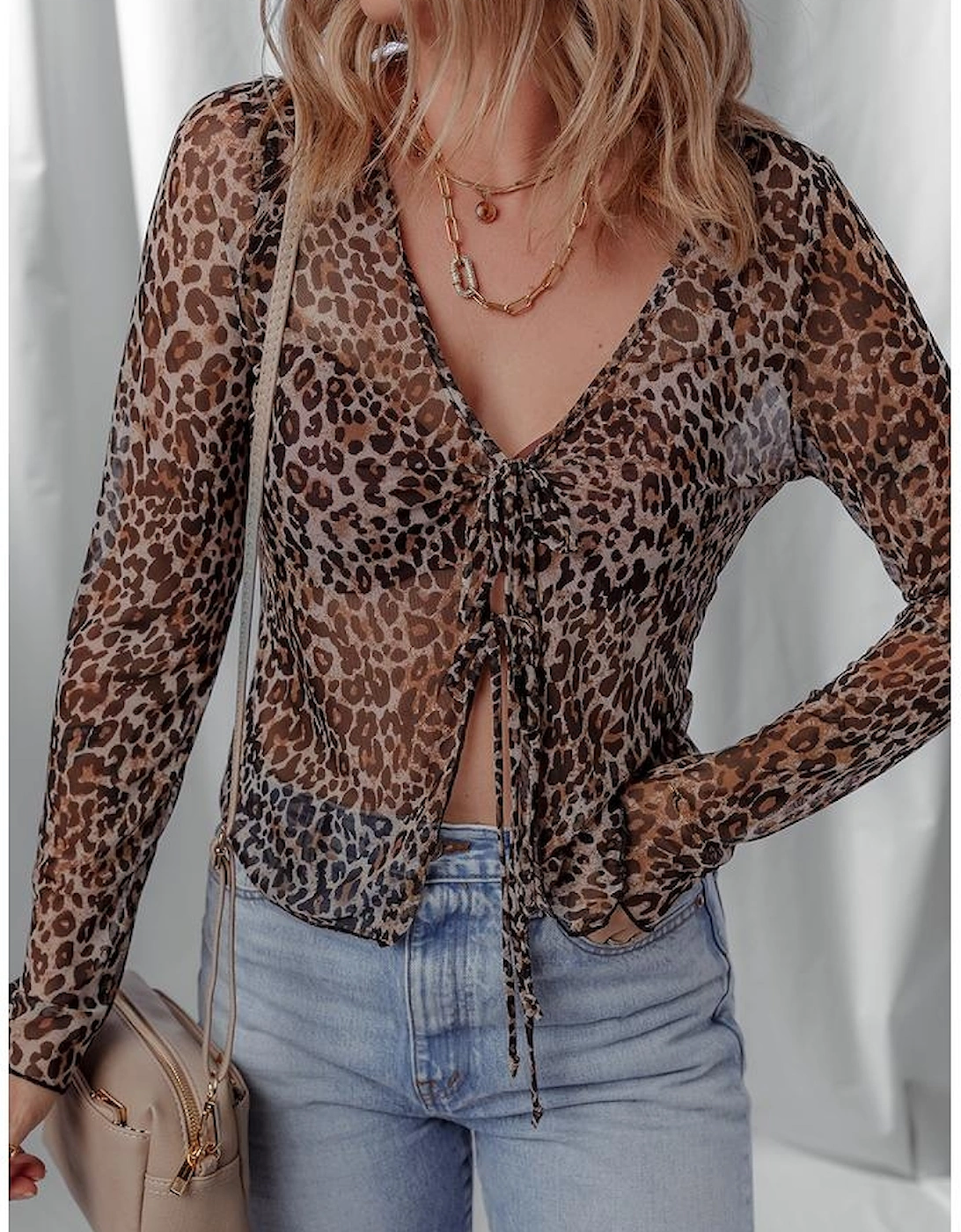 Multicolour Leopard Sheer Mesh Long Sleeve V Neck Lace-up Blouse