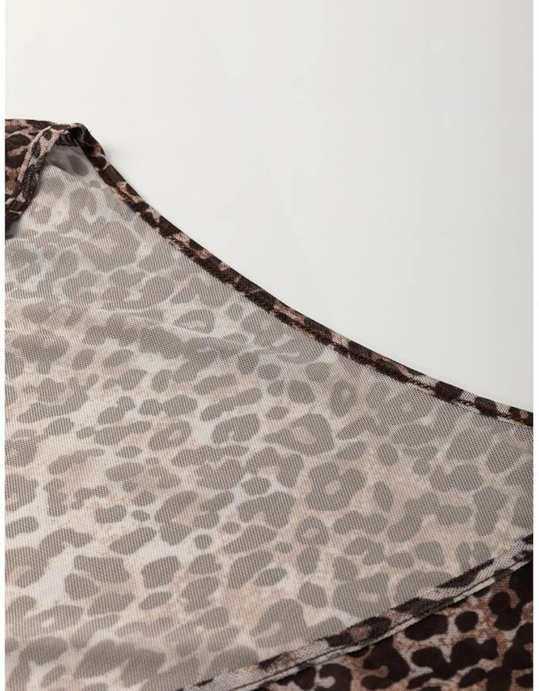 Multicolour Leopard Sheer Mesh Long Sleeve V Neck Lace-up Blouse