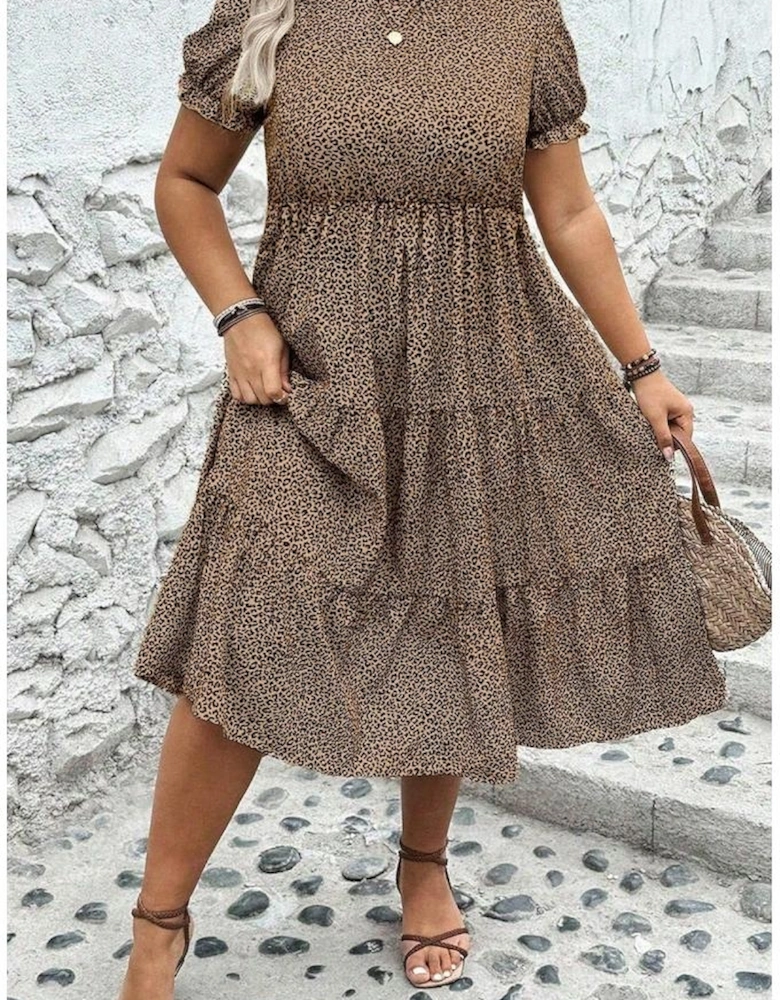 Brown Plus Size Leopard Print Frill Trim Short Sleeve Flared Dress