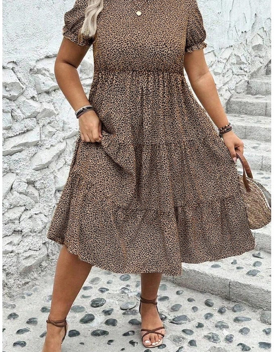 Brown Plus Size Leopard Print Frill Trim Short Sleeve Flared Dress