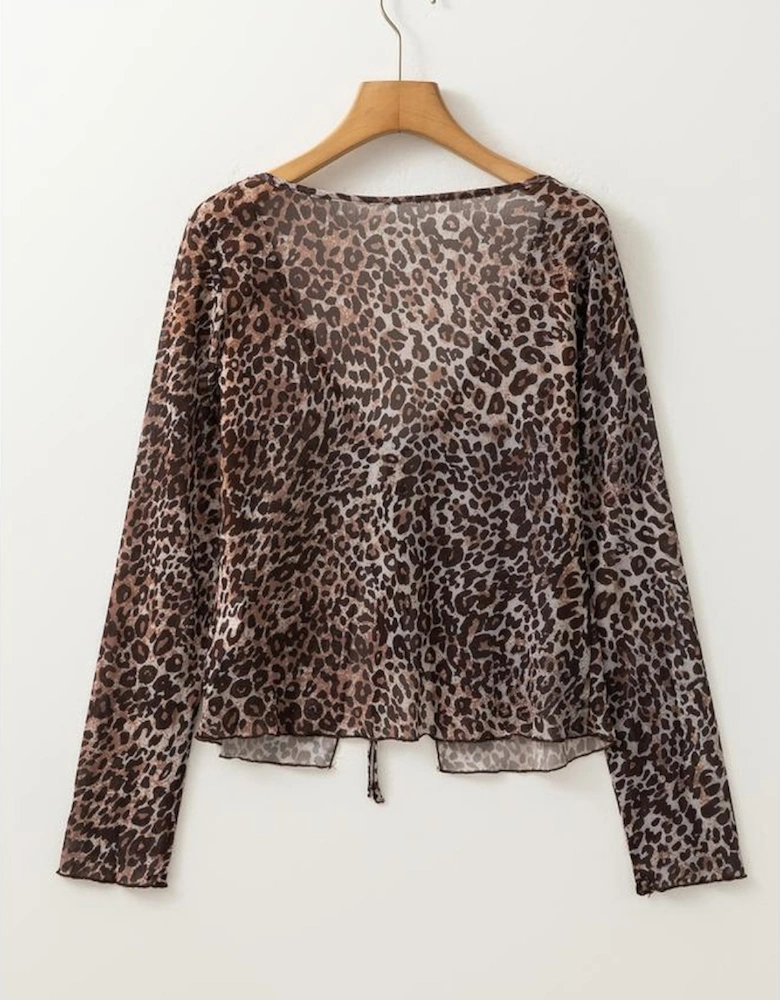 Multicolour Leopard Sheer Mesh Long Sleeve V Neck Lace-up Blouse