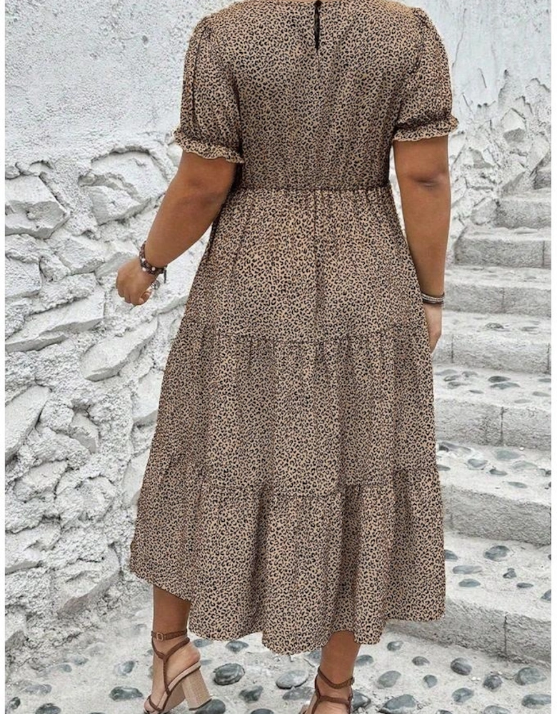 Brown Plus Size Leopard Print Frill Trim Short Sleeve Flared Dress