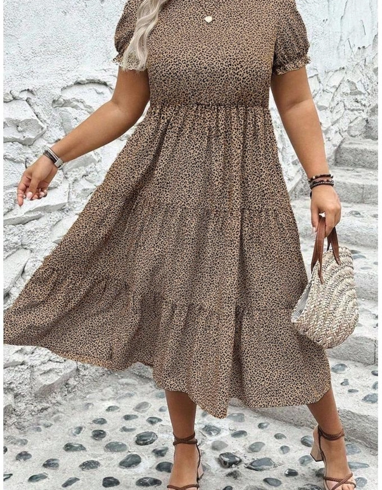 Brown Plus Size Leopard Print Frill Trim Short Sleeve Flared Dress