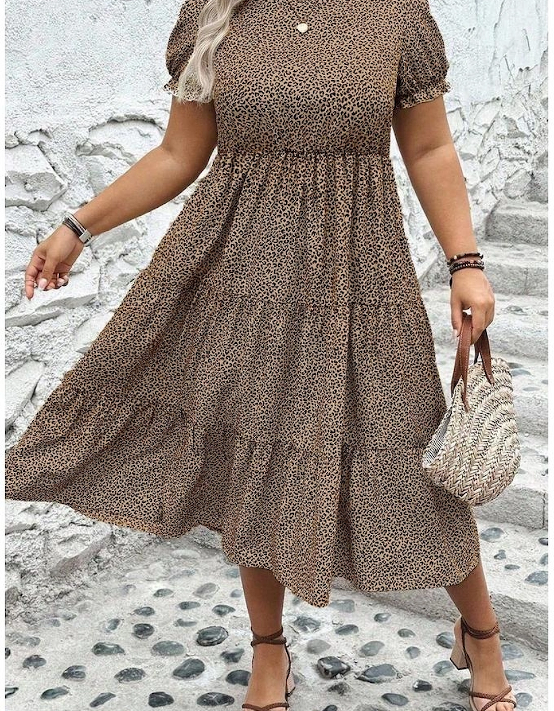 Brown Plus Size Leopard Print Frill Trim Short Sleeve Flared Dress