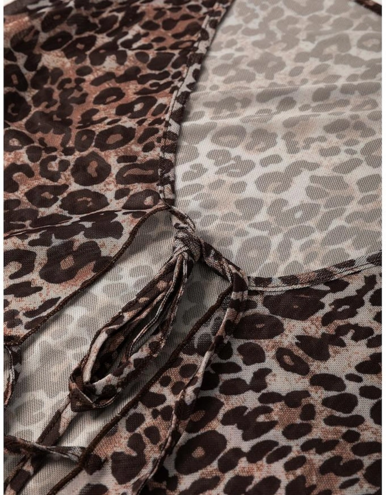 Multicolour Leopard Sheer Mesh Long Sleeve V Neck Lace-up Blouse