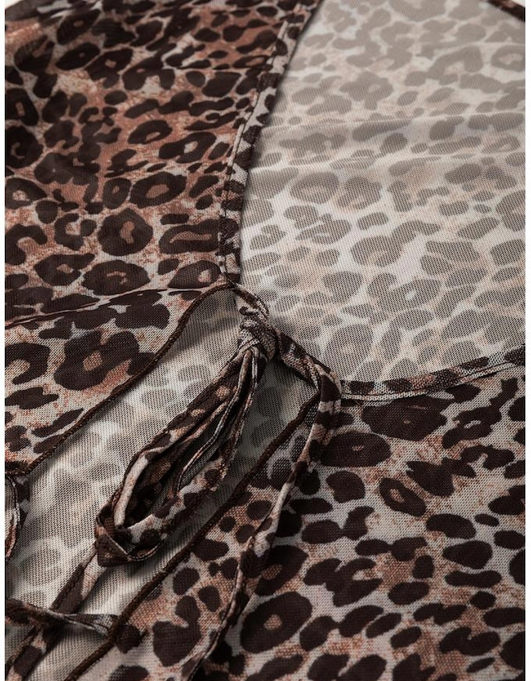 Multicolour Leopard Sheer Mesh Long Sleeve V Neck Lace-up Blouse