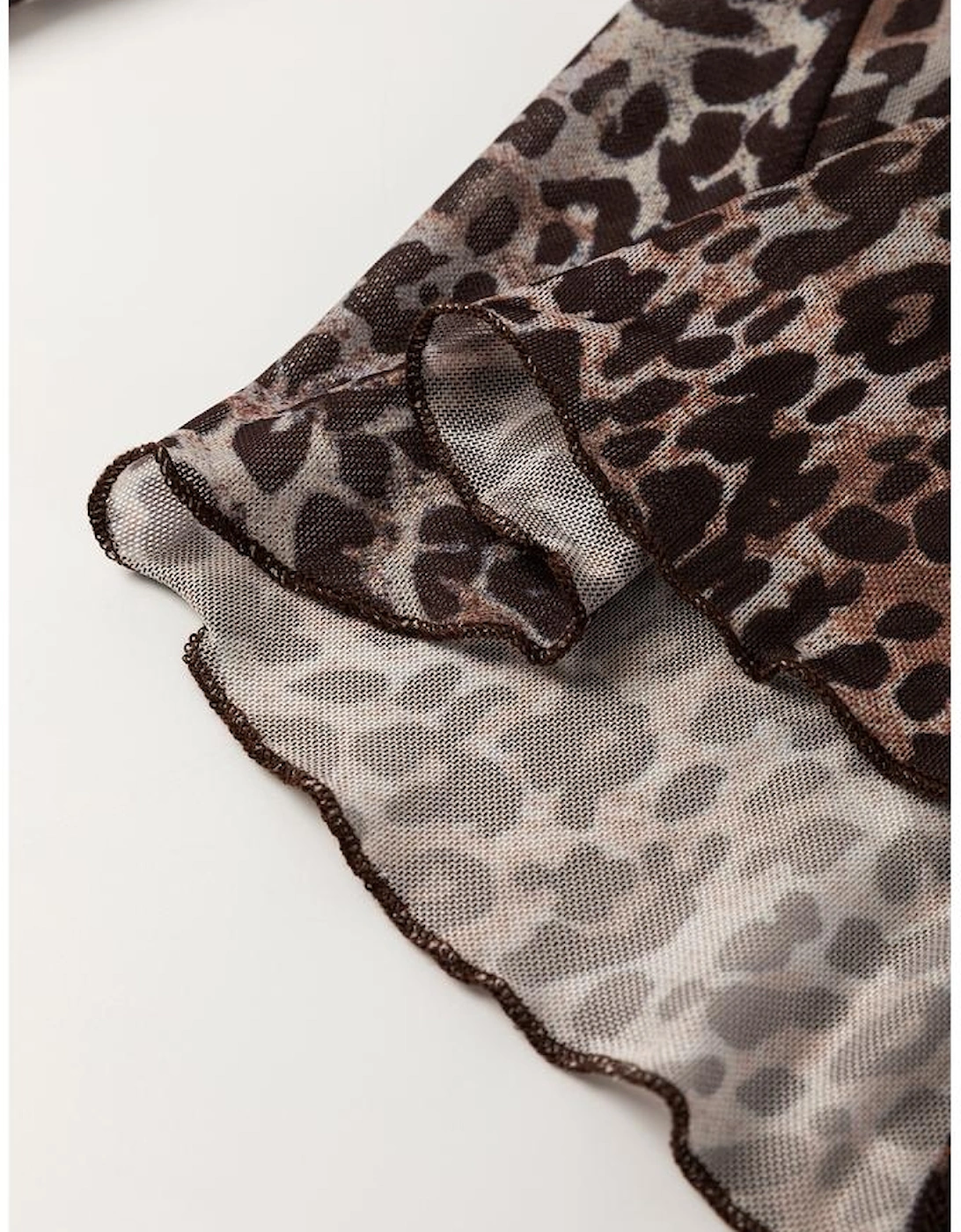 Multicolour Leopard Sheer Mesh Long Sleeve V Neck Lace-up Blouse