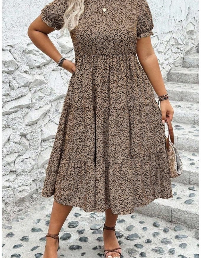 Brown Plus Size Leopard Print Frill Trim Short Sleeve Flared Dress