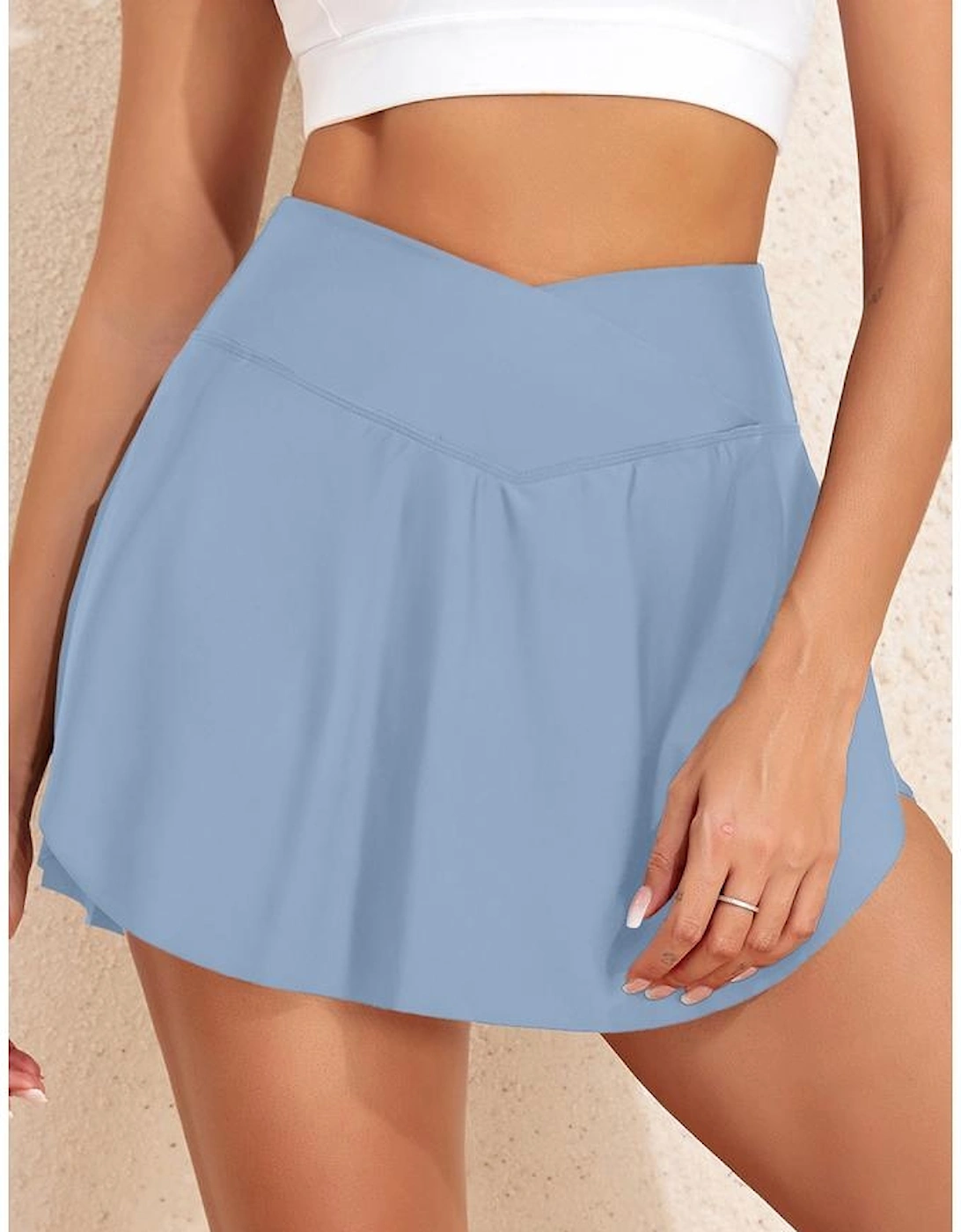 Beau Blue Solid Pocketed Crossover High Waist Swim Skort, 6 of 5