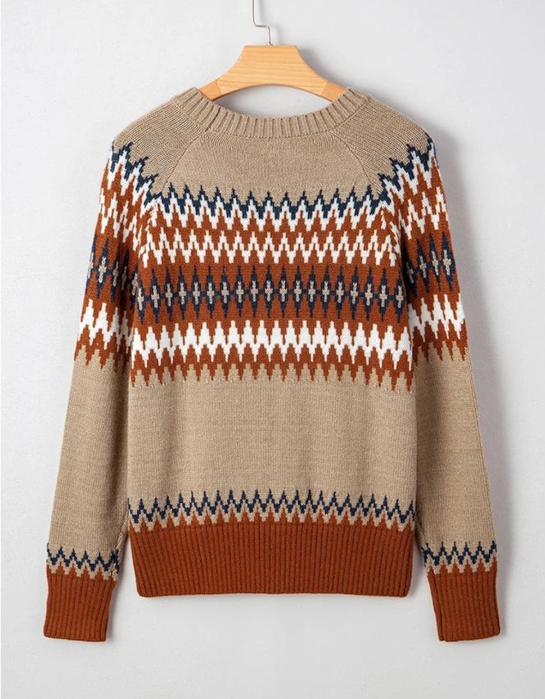 Khaki Aztec Print Colorblock Crew Neck Sweater