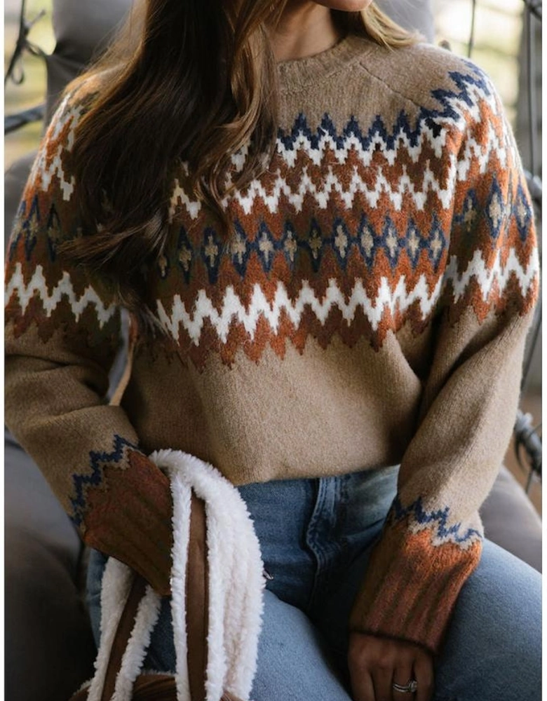 Khaki Aztec Print Colorblock Crew Neck Sweater