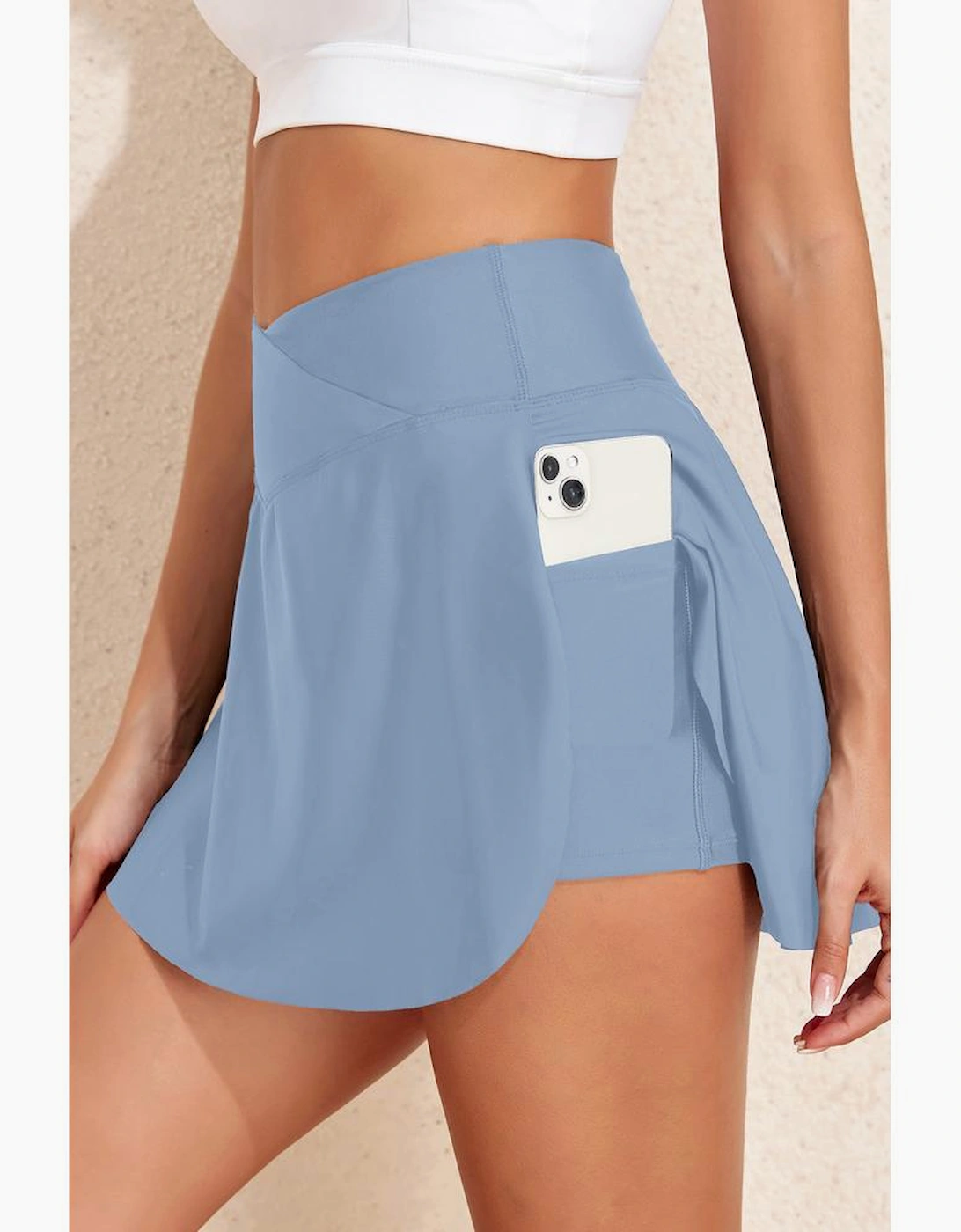 Beau Blue Solid Pocketed Crossover High Waist Swim Skort