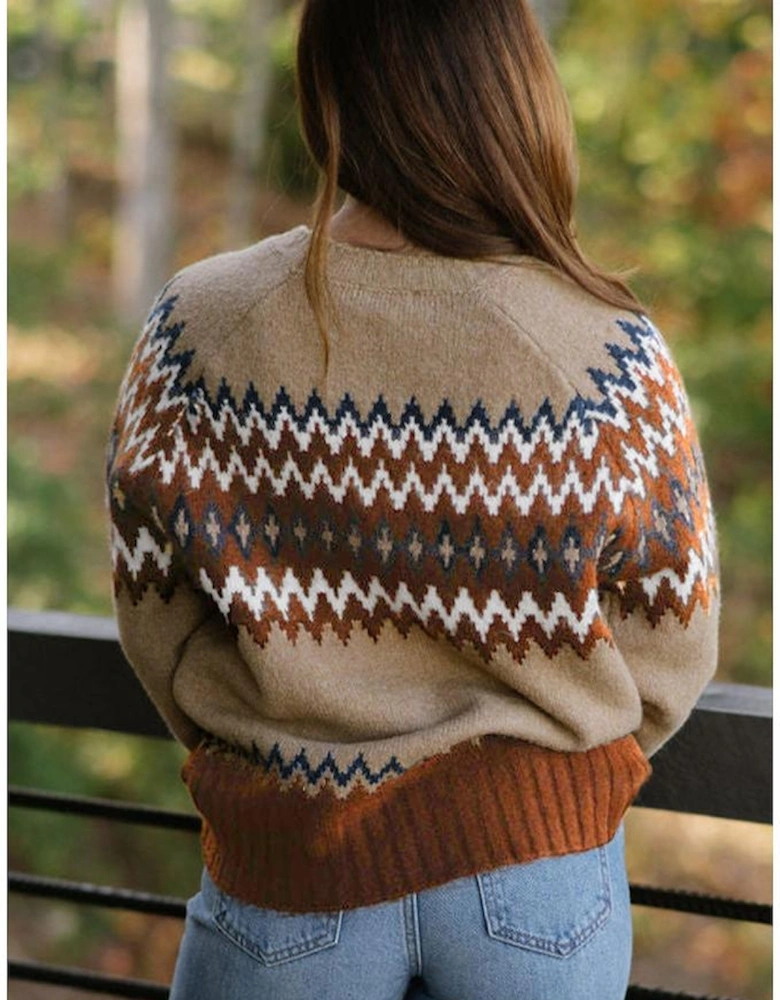 Khaki Aztec Print Colorblock Crew Neck Sweater