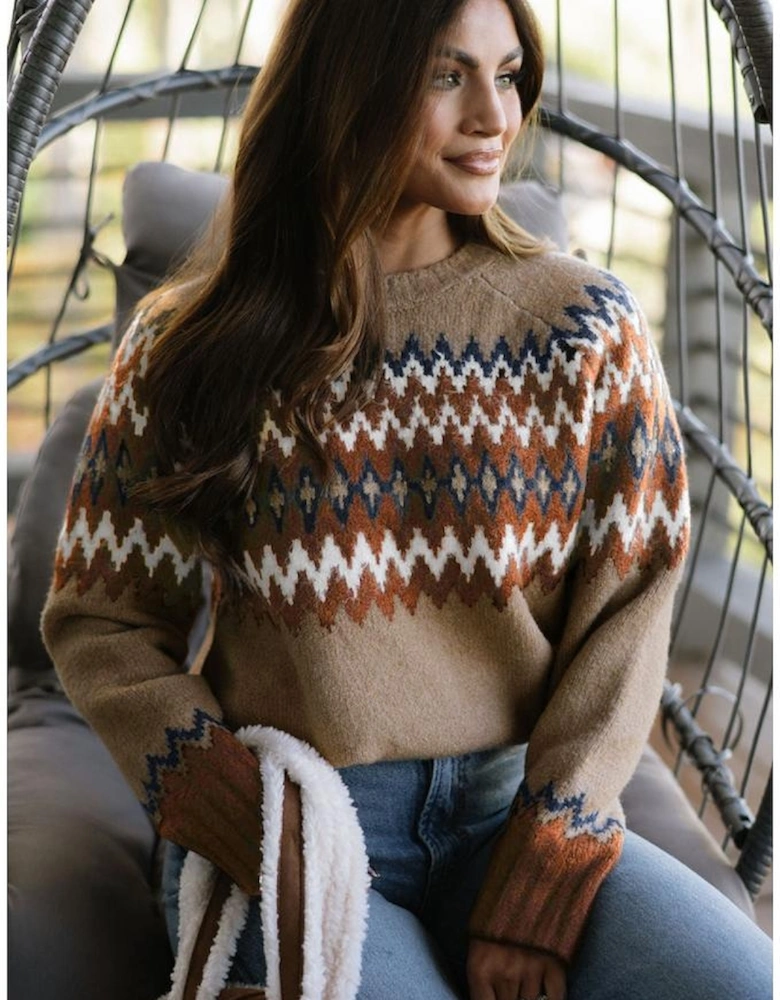 Khaki Aztec Print Colorblock Crew Neck Sweater