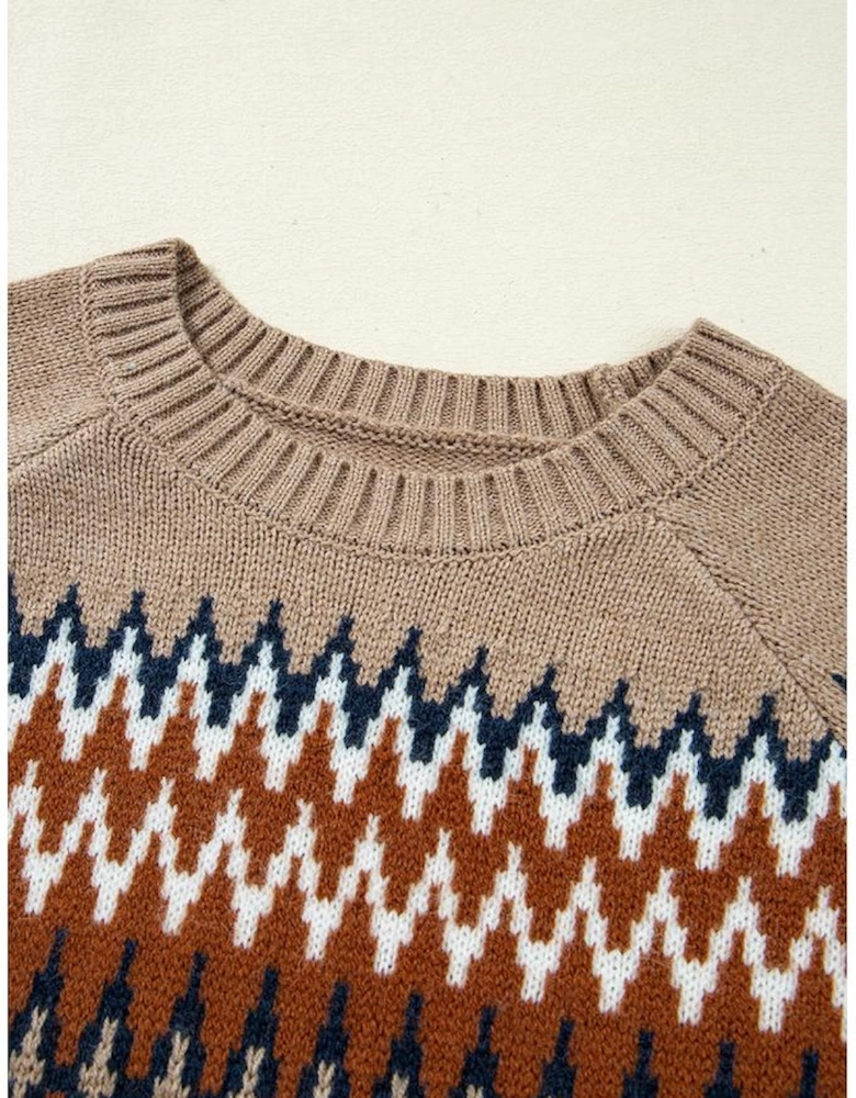 Khaki Aztec Print Colorblock Crew Neck Sweater