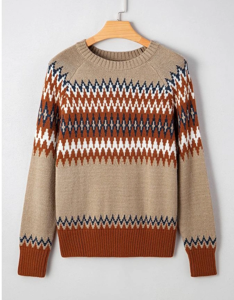 Khaki Aztec Print Colorblock Crew Neck Sweater