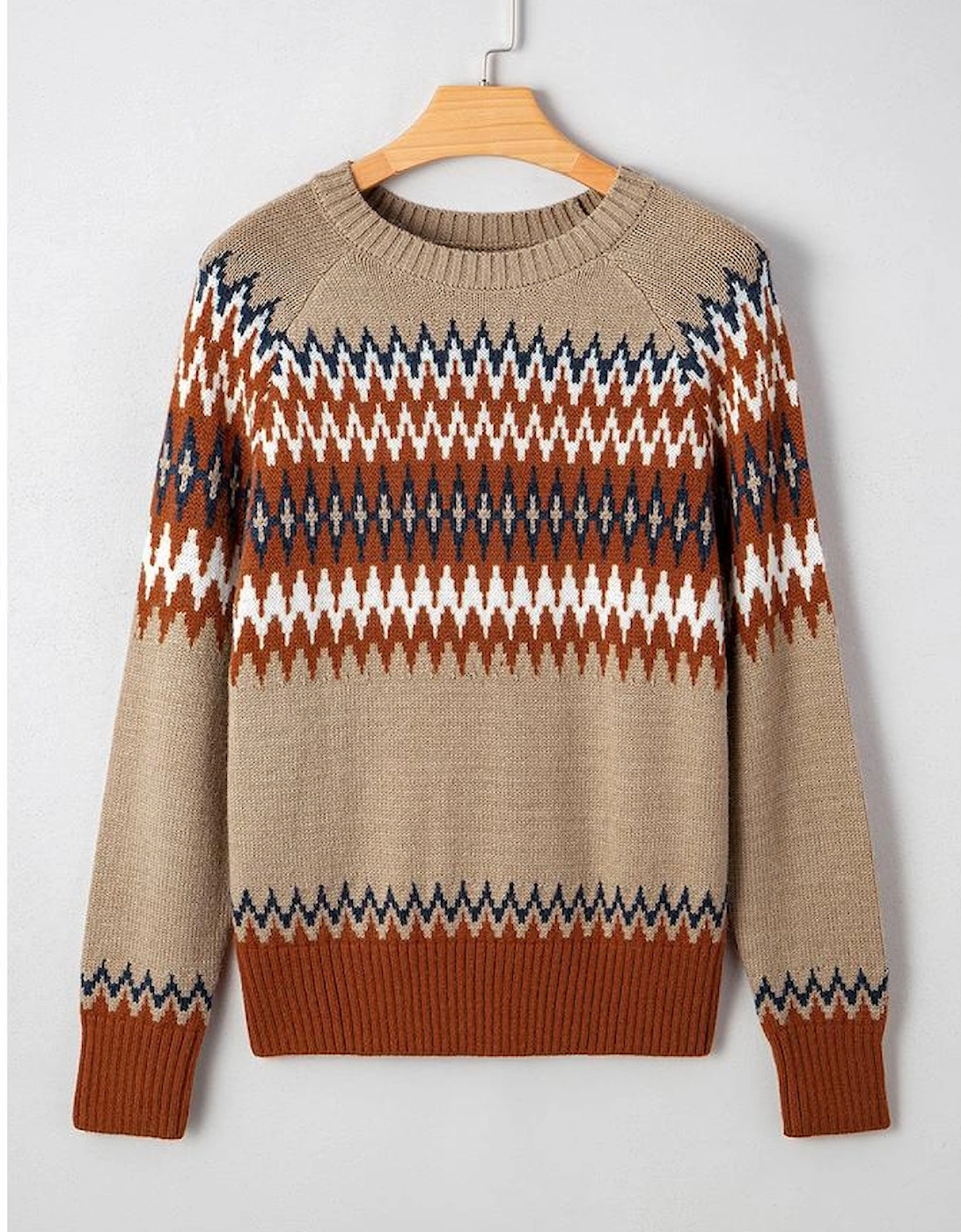 Khaki Aztec Print Colorblock Crew Neck Sweater