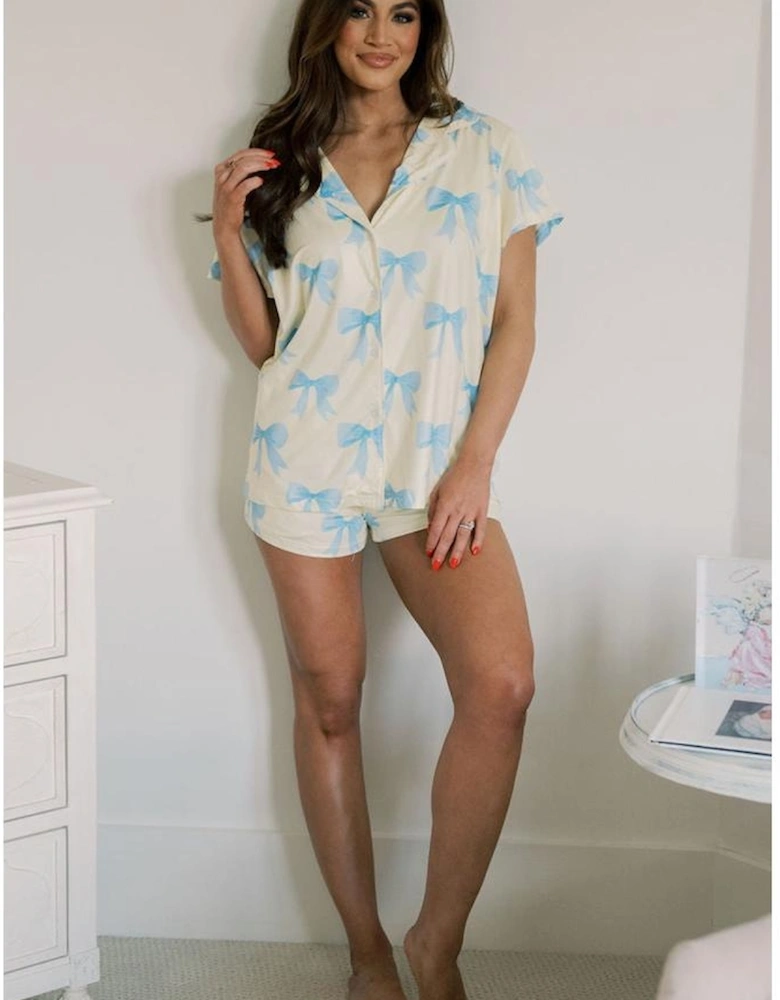 Yellow Bow Printed Short Sleeve Shirt Shorts Pajama Set