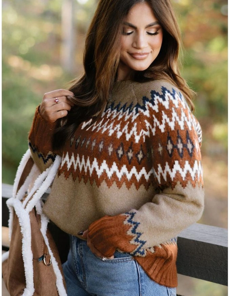 Khaki Aztec Print Colorblock Crew Neck Sweater