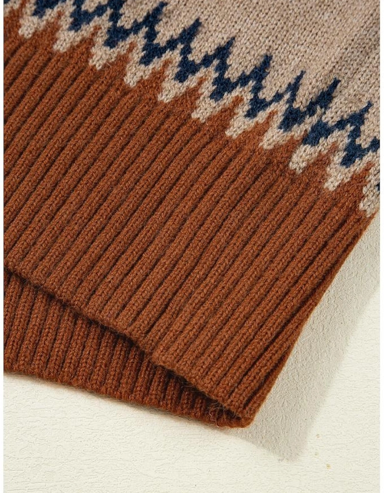 Khaki Aztec Print Colorblock Crew Neck Sweater