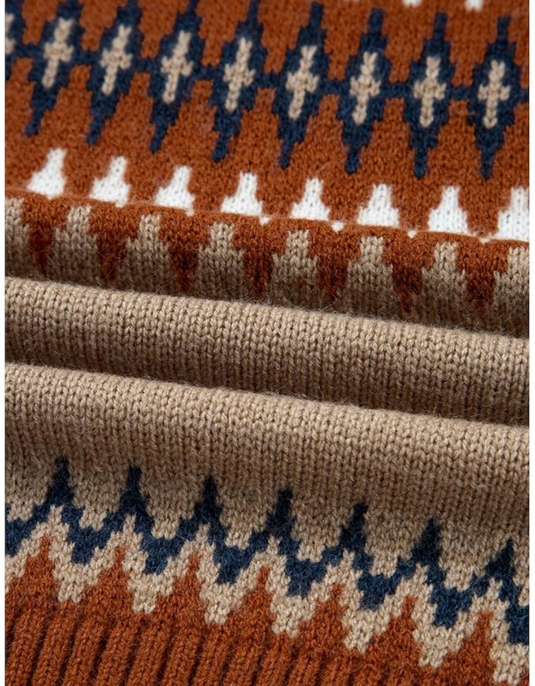 Khaki Aztec Print Colorblock Crew Neck Sweater