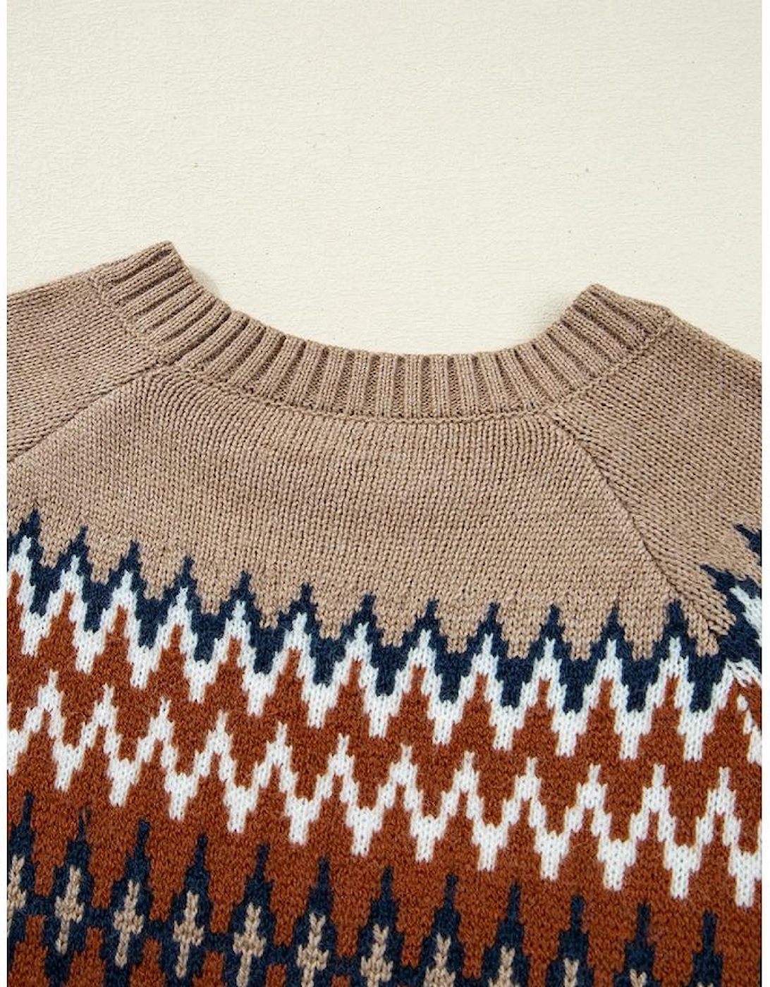Khaki Aztec Print Colorblock Crew Neck Sweater