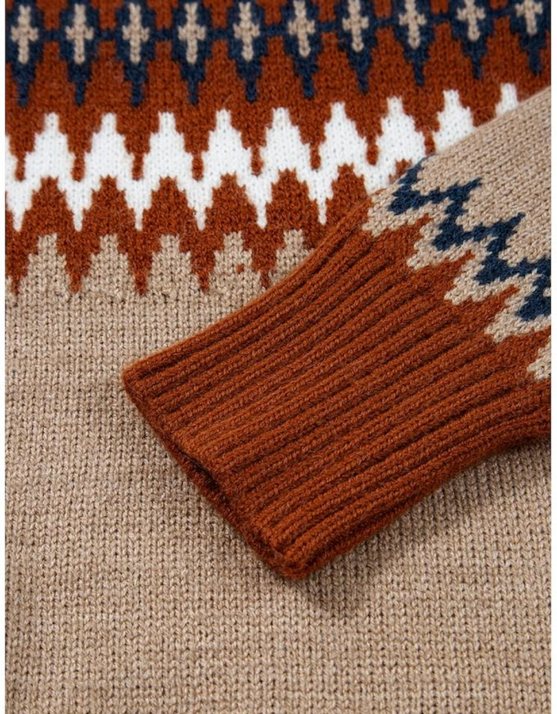 Khaki Aztec Print Colorblock Crew Neck Sweater